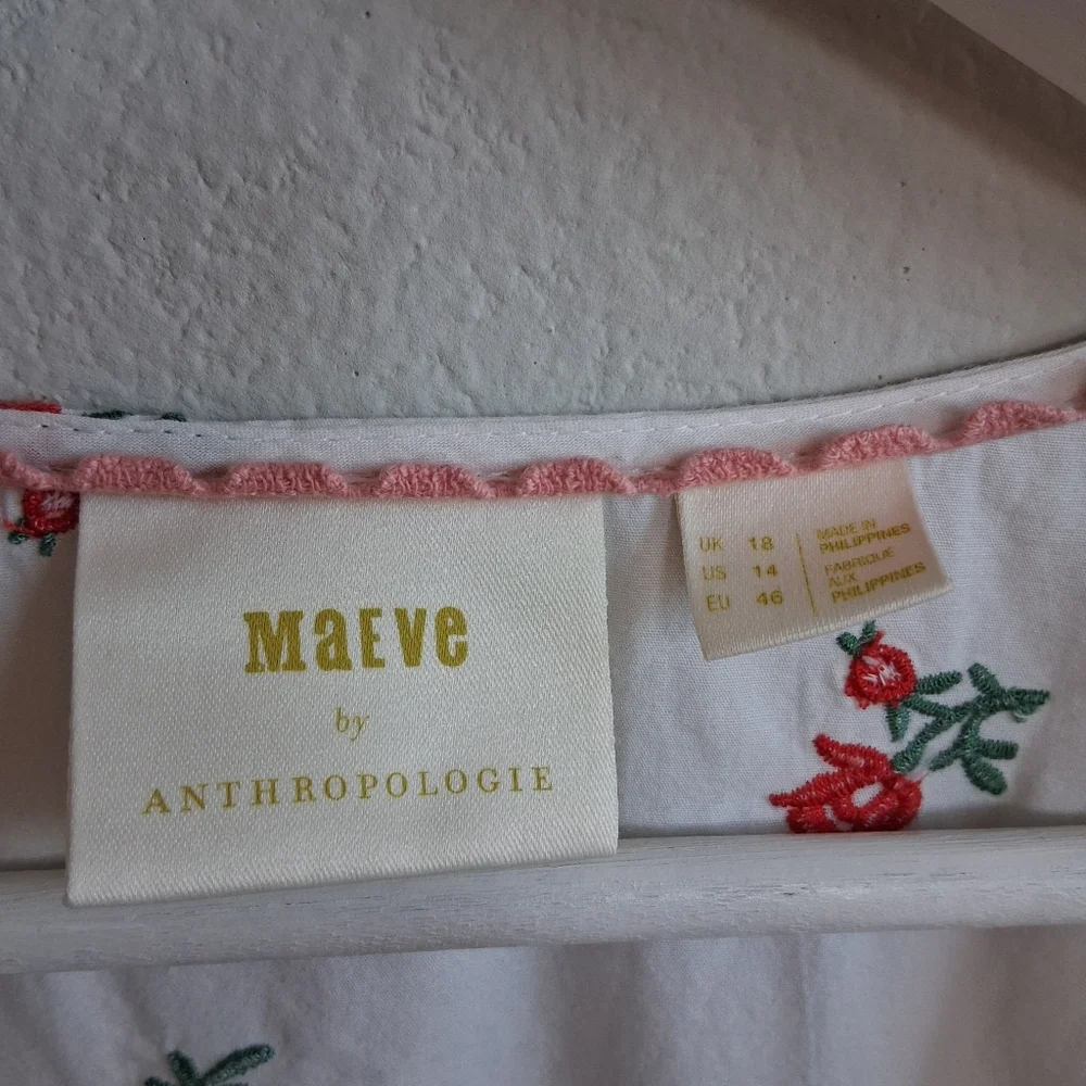Anthtopologie Maeve Rosalie Embroidered Blouse White Poplin Cotton